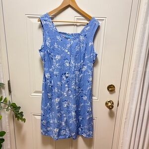 Vintage Koret blue floral button Front sundress  smocked back L